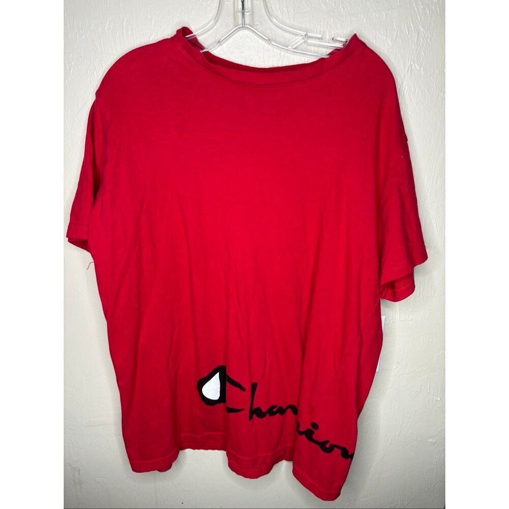 Champion Reverse Weave Red Script Logo T-Shirt Men's Oversized 100% Cotton Short